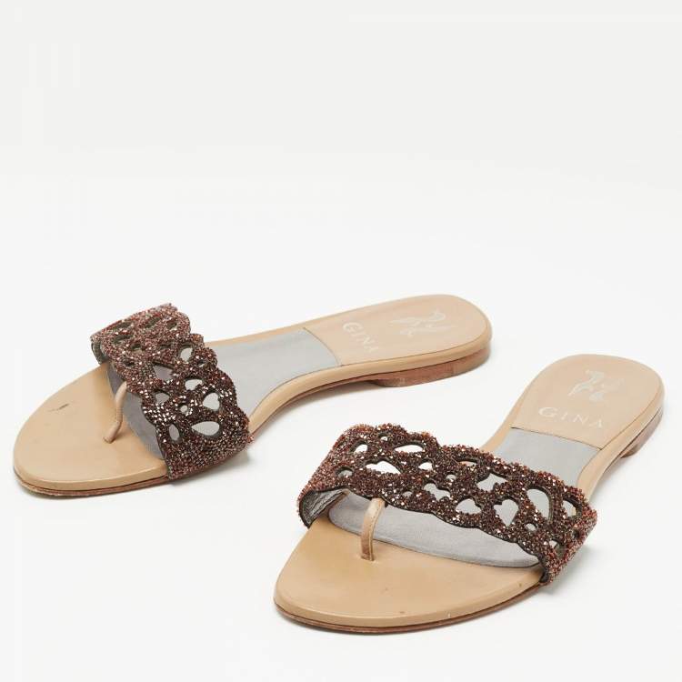 مملوكة مسبقًا Gina Brown Crystal Embellished Leather Thong Flat Slides Size 37