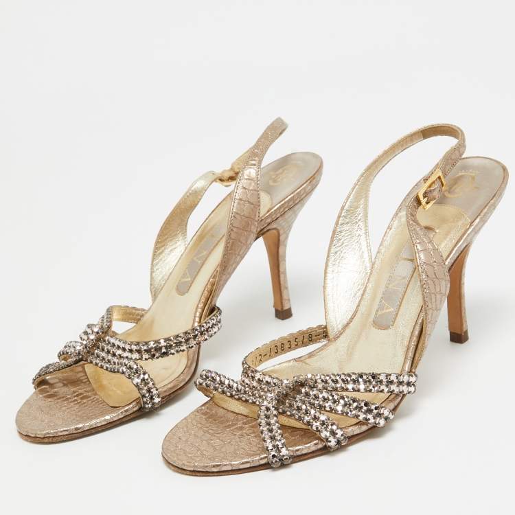 مملوكة مسبقًا Gina Metallic Crystal Embellished Embossed Python Slingback Sandals Size 37