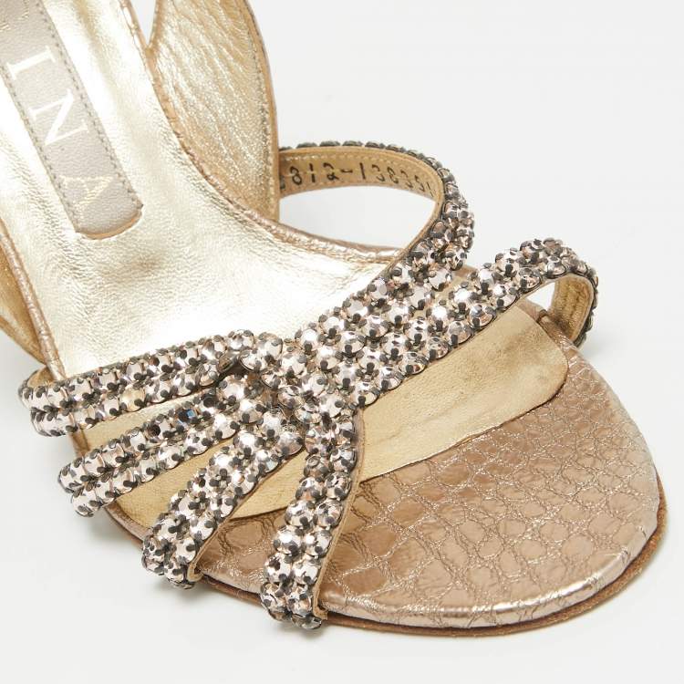 مملوكة مسبقًا Gina Metallic Crystal Embellished Embossed Python Slingback Sandals Size 37