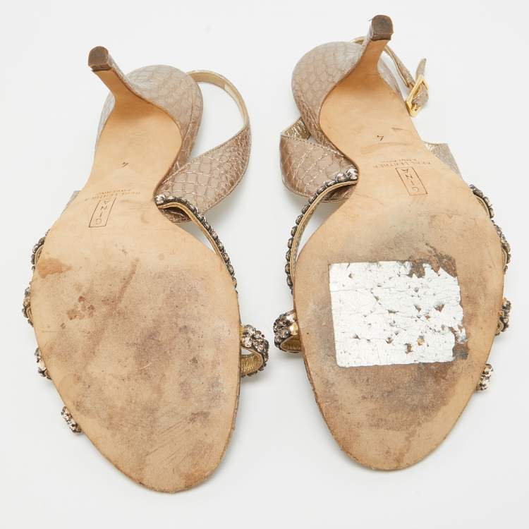 مملوكة مسبقًا Gina Metallic Crystal Embellished Embossed Python Slingback Sandals Size 37