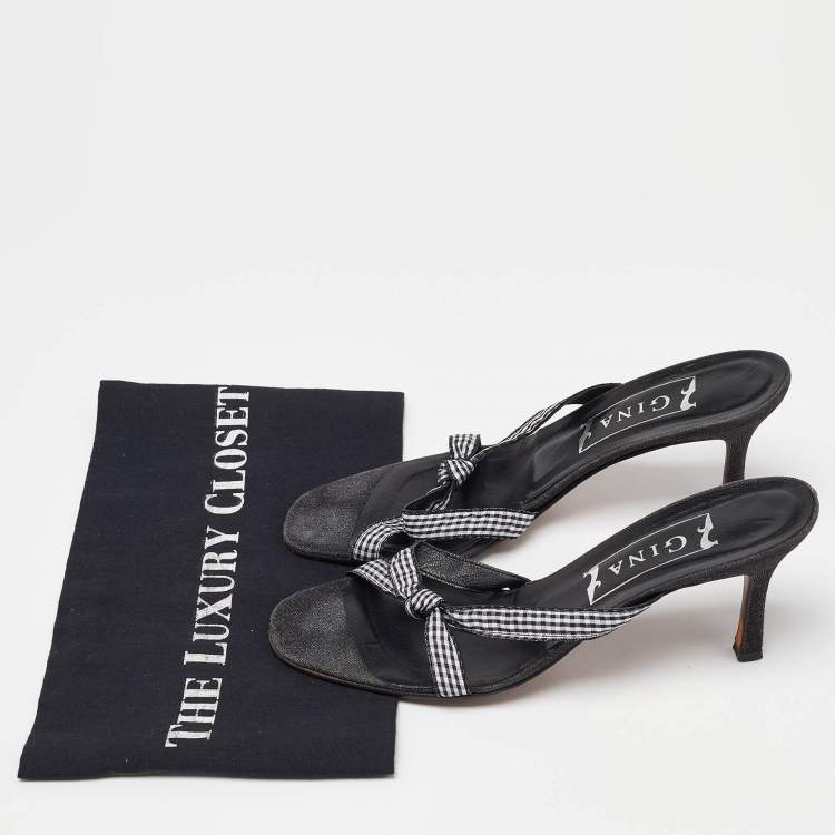 Pre Owned Gina White/Black Fabric Knotted Slide Sandals Size 39