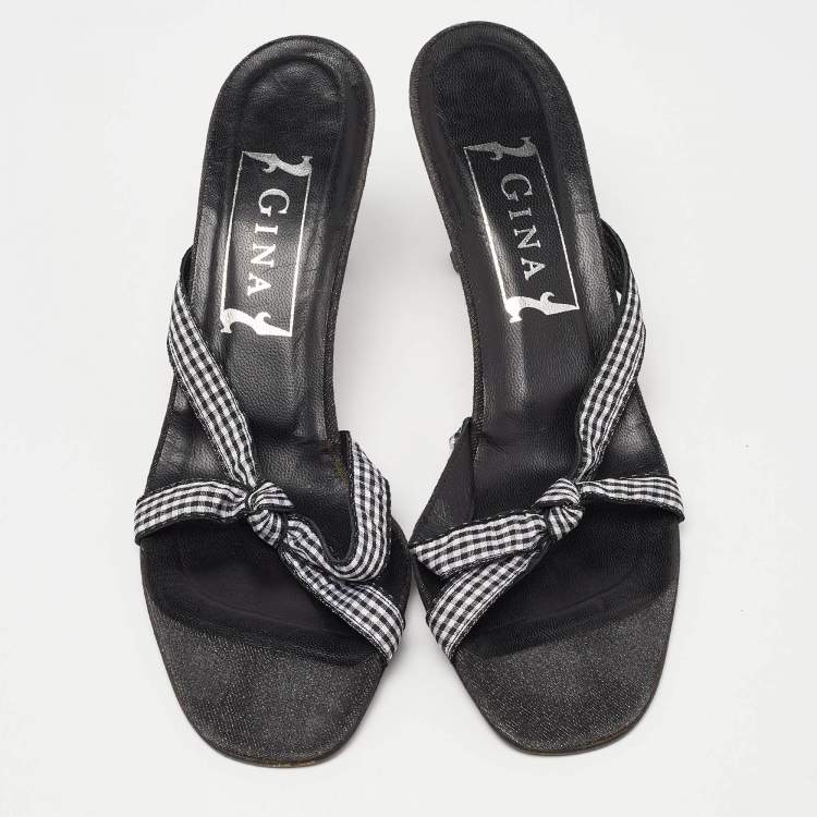 Pre Owned Gina White/Black Fabric Knotted Slide Sandals Size 39