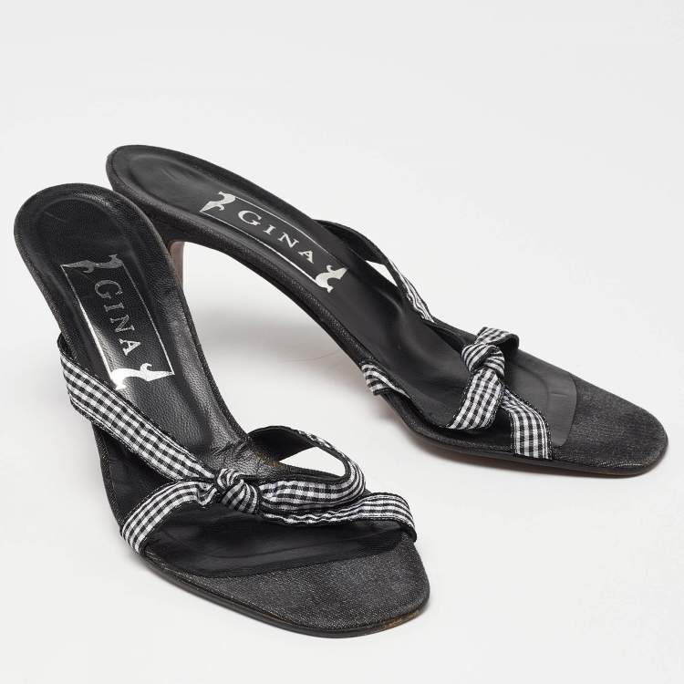 Pre Owned Gina White/Black Fabric Knotted Slide Sandals Size 39