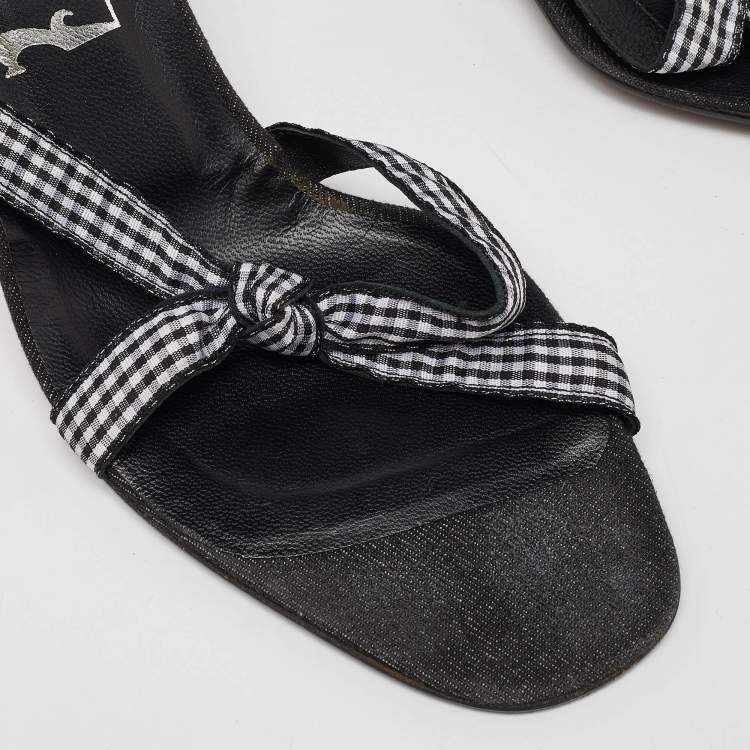 Pre Owned Gina White/Black Fabric Knotted Slide Sandals Size 39
