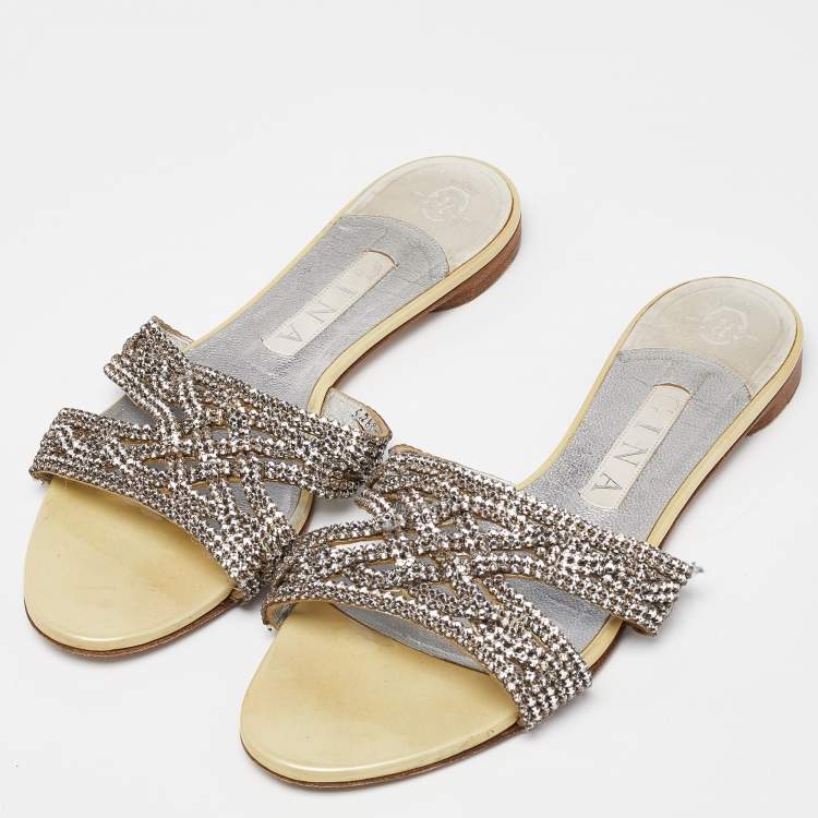 Pre Owned Gina Cream/Silver Crystal Embellished Leather Flat Slides Size 38.5