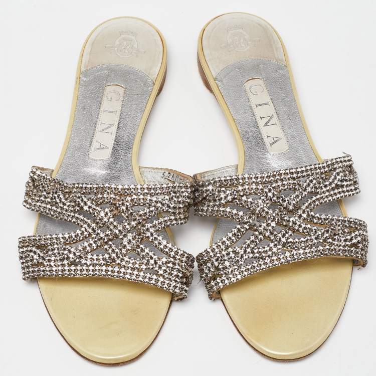 Pre Owned Gina Cream/Silver Crystal Embellished Leather Flat Slides Size 38.5