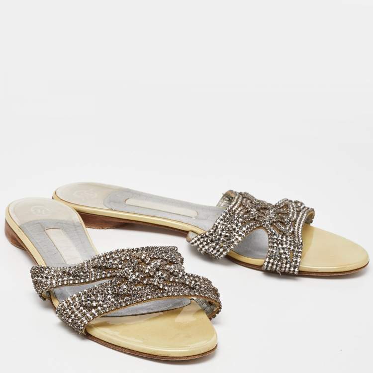 Pre Owned Gina Cream/Silver Crystal Embellished Leather Flat Slides Size 38.5