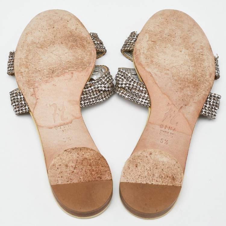 Pre Owned Gina Cream/Silver Crystal Embellished Leather Flat Slides Size 38.5
