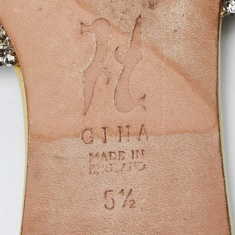 Pre Owned Gina Cream/Silver Crystal Embellished Leather Flat Slides Size 38.5