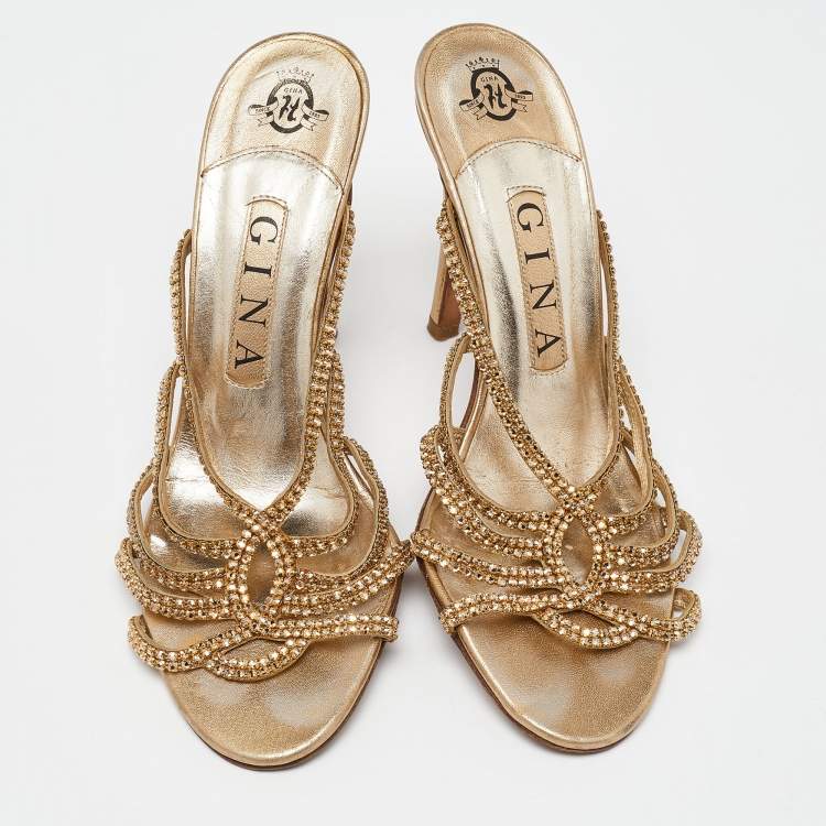 Pre Owned Gina Gold Crystal Embellished Leather Strappy Slide Sandals Size 38