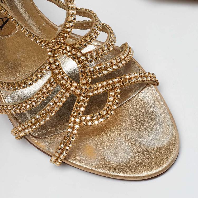 Pre Owned Gina Gold Crystal Embellished Leather Strappy Slide Sandals Size 38