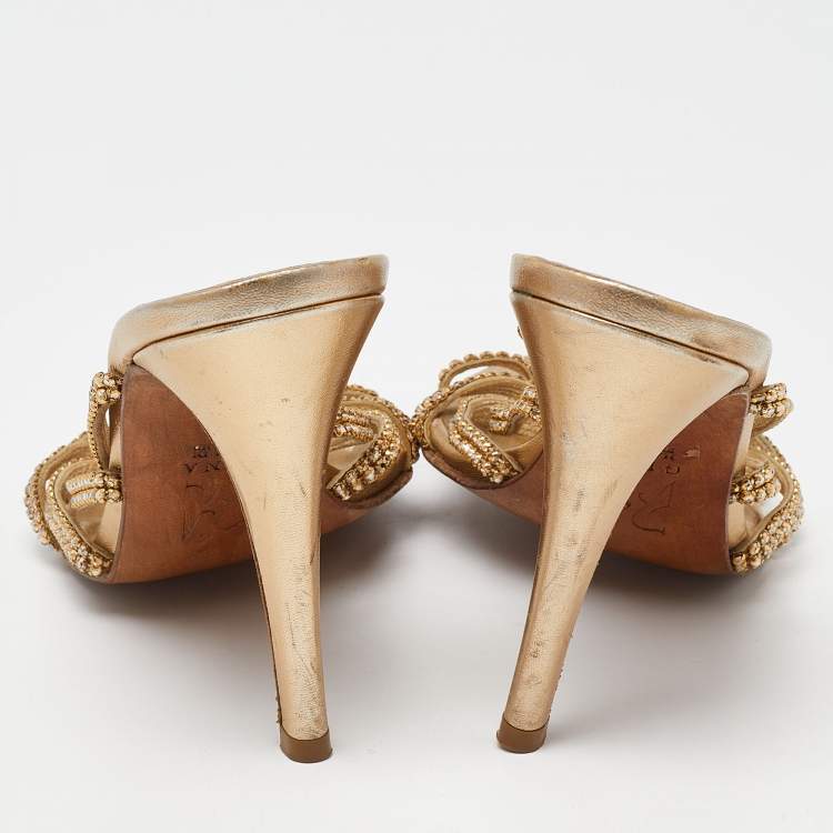 Pre Owned Gina Gold Crystal Embellished Leather Strappy Slide Sandals Size 38