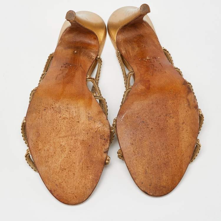 Pre Owned Gina Gold Crystal Embellished Leather Strappy Slide Sandals Size 38