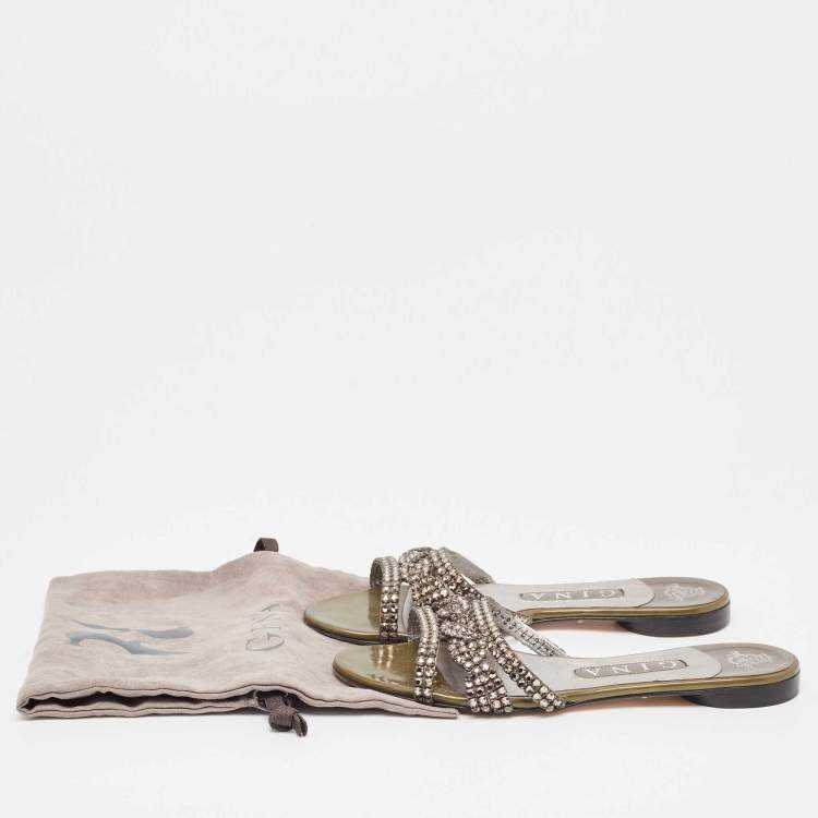 مملوكة مسبقًا Gina Green Patent Crystal Embellished Flat Slides Size 37
