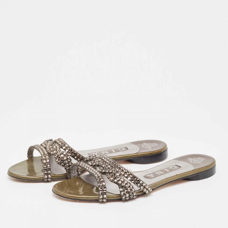 مملوكة مسبقًا Gina Green Patent Crystal Embellished Flat Slides Size 37