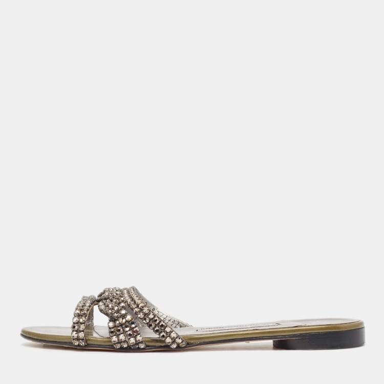 مملوكة مسبقًا Gina Green Patent Crystal Embellished Flat Slides Size 37
