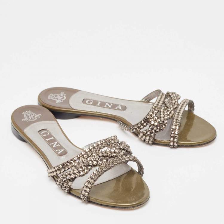 مملوكة مسبقًا Gina Green Patent Crystal Embellished Flat Slides Size 37