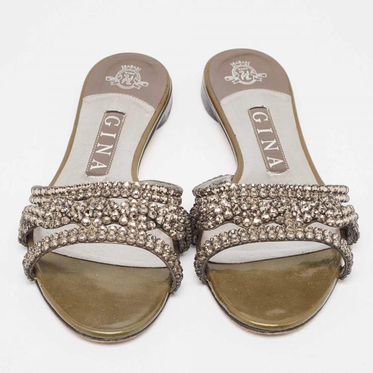 مملوكة مسبقًا Gina Green Patent Crystal Embellished Flat Slides Size 37