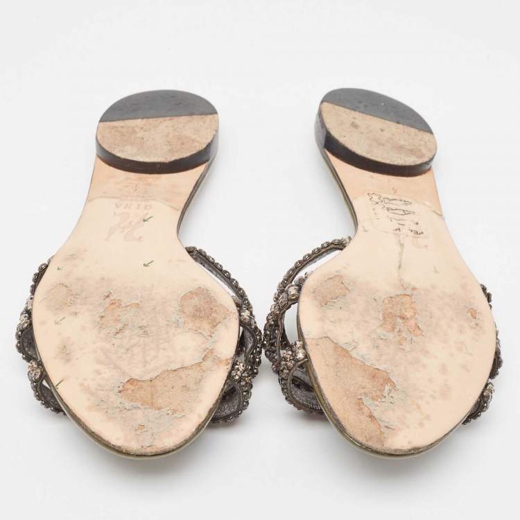 مملوكة مسبقًا Gina Green Patent Crystal Embellished Flat Slides Size 37