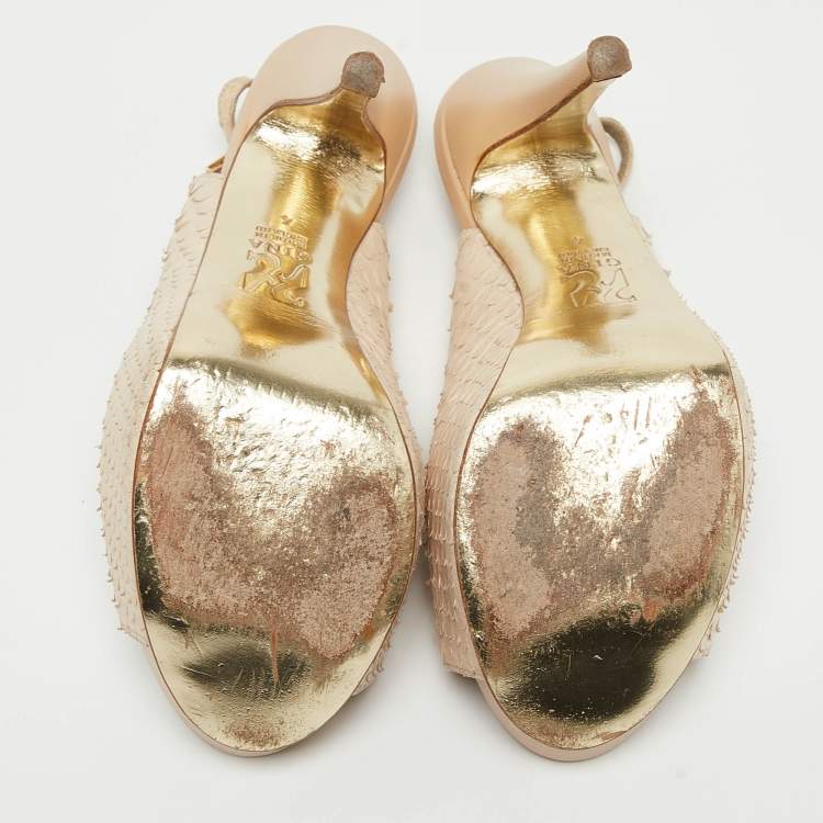 Pre Owned Gina Cream Python Embossed Leather Peep Toe Blake Platform Slingback Pumps Size 37