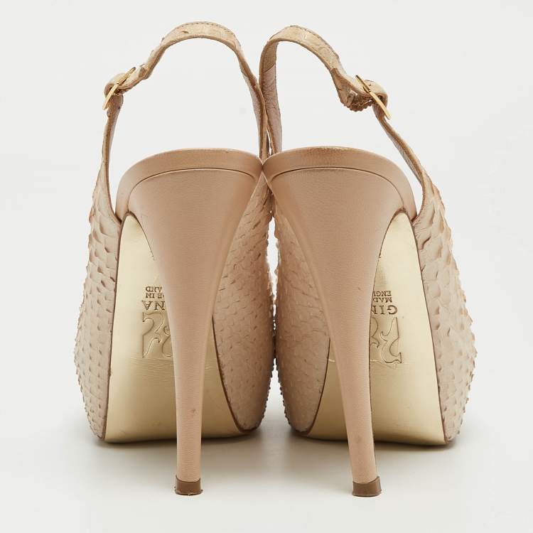 Pre Owned Gina Cream Python Embossed Leather Peep Toe Blake Platform Slingback Pumps Size 37