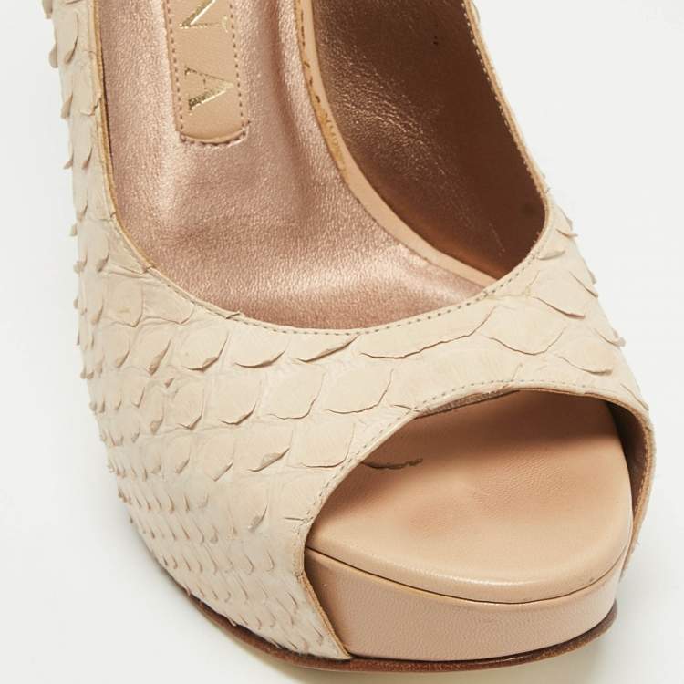 Pre Owned Gina Cream Python Embossed Leather Peep Toe Blake Platform Slingback Pumps Size 37