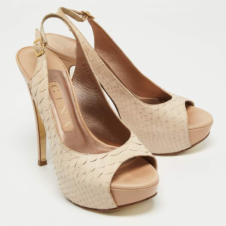 Pre Owned Gina Cream Python Embossed Leather Peep Toe Blake Platform Slingback Pumps Size 37