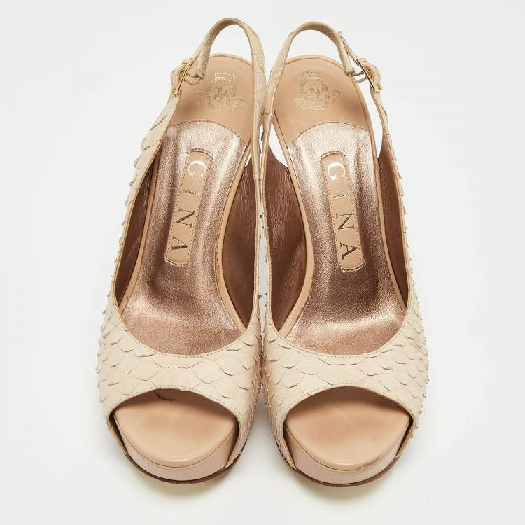 Pre Owned Gina Cream Python Embossed Leather Peep Toe Blake Platform Slingback Pumps Size 37