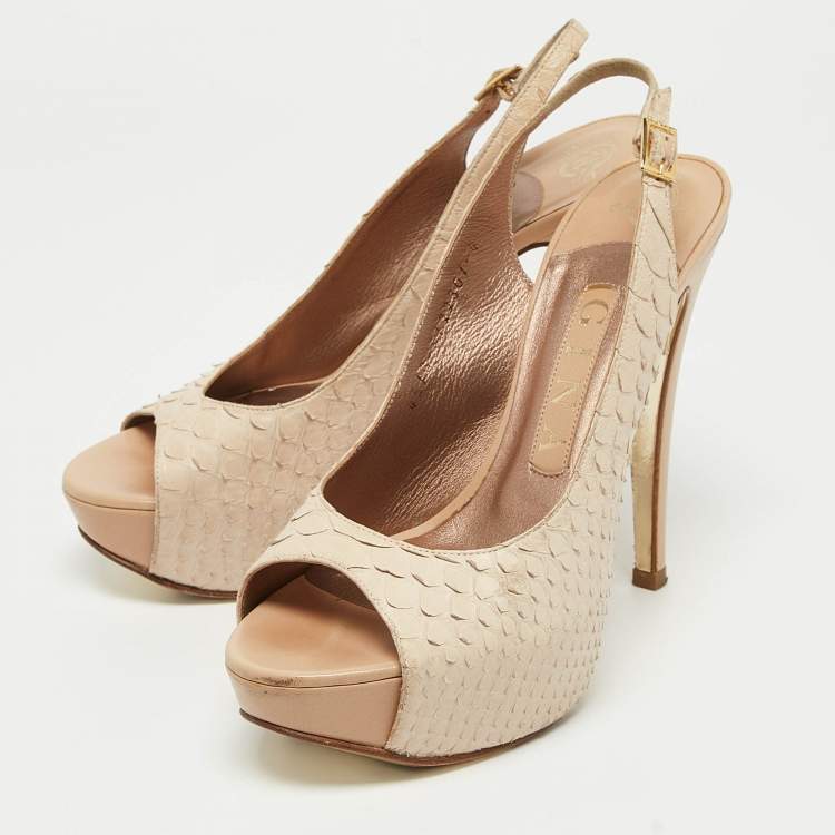 Pre Owned Gina Cream Python Embossed Leather Peep Toe Blake Platform Slingback Pumps Size 37