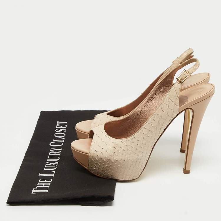 Pre Owned Gina Cream Python Embossed Leather Peep Toe Blake Platform Slingback Pumps Size 37