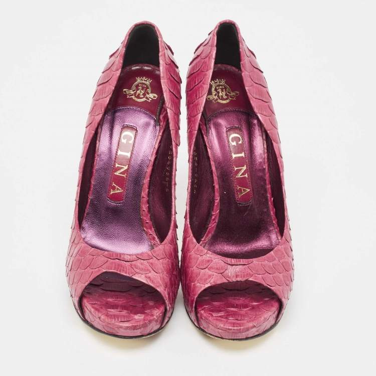 Pre Owned Gina Purple Python Open Toe Platform Pumps Size 38