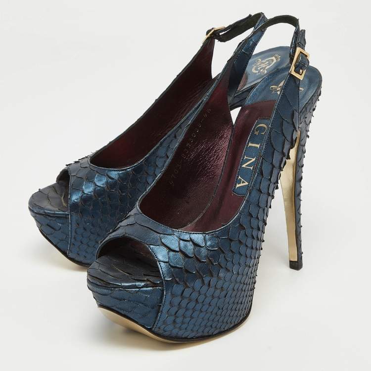 Pre Owned Gina Metallic Navy Blue Python Open Toe Platform Slingback Pumps Size 37.5