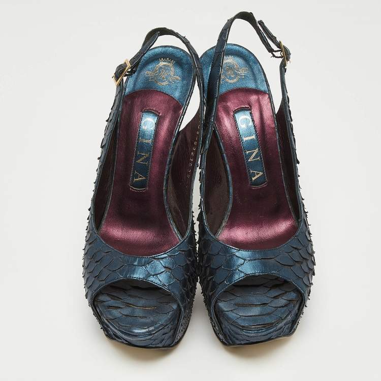 Pre Owned Gina Metallic Navy Blue Python Open Toe Platform Slingback Pumps Size 37.5