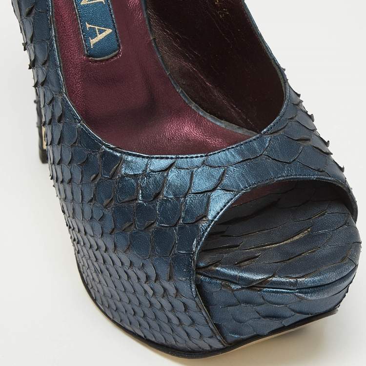 Pre Owned Gina Metallic Navy Blue Python Open Toe Platform Slingback Pumps Size 37.5