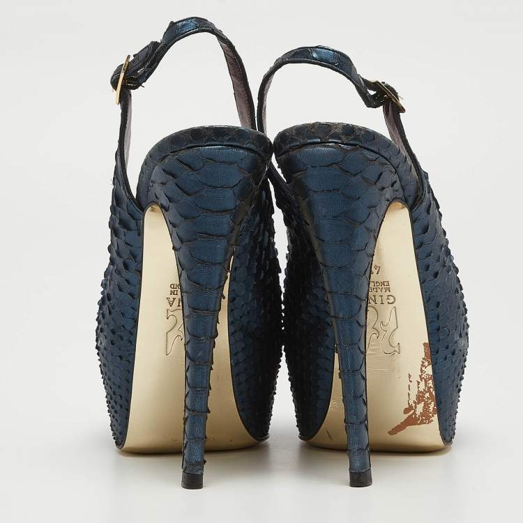 Pre Owned Gina Metallic Navy Blue Python Open Toe Platform Slingback Pumps Size 37.5