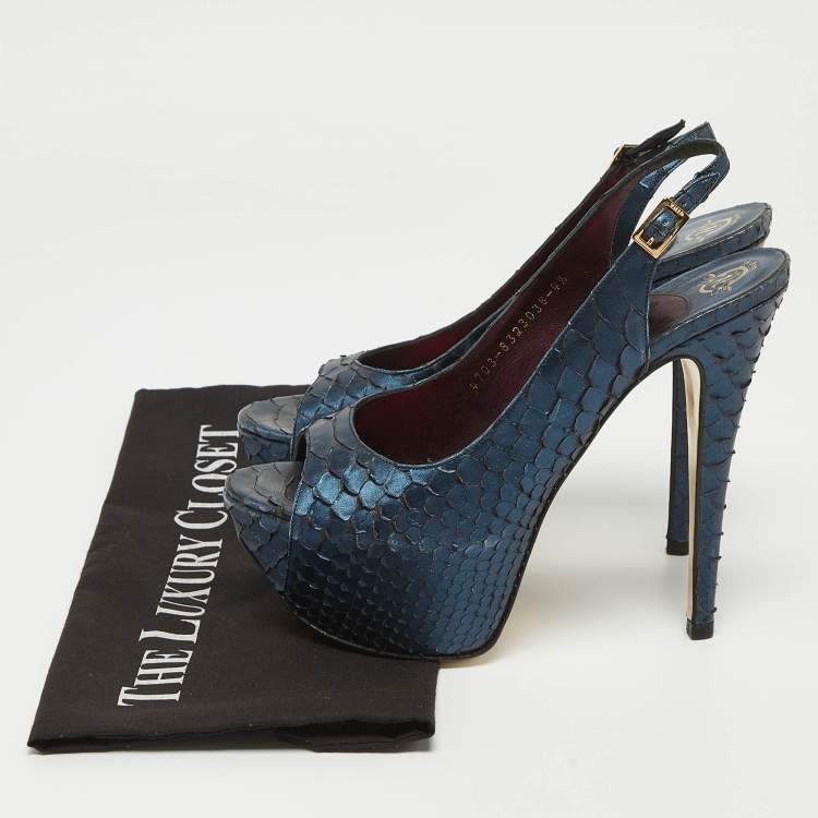 Pre Owned Gina Metallic Navy Blue Python Open Toe Platform Slingback Pumps Size 37.5