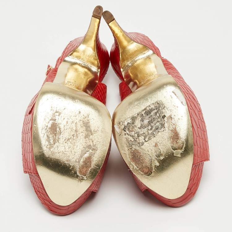 Pre Owned Gina Red Python Open Toe Platform Slingback Pumps Size 37