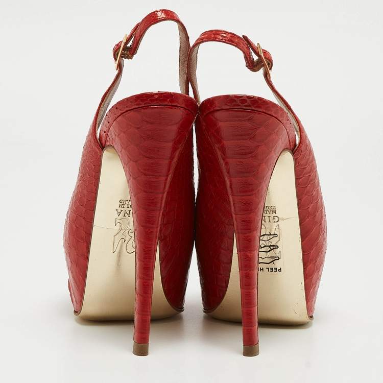 Pre Owned Gina Red Python Open Toe Platform Slingback Pumps Size 37