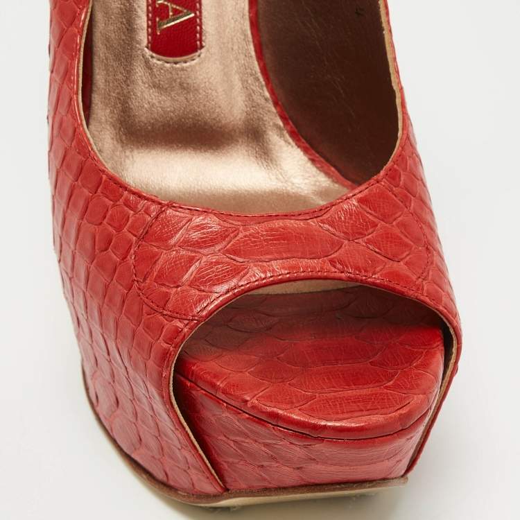 Pre Owned Gina Red Python Open Toe Platform Slingback Pumps Size 37