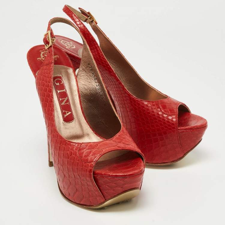 Pre Owned Gina Red Python Open Toe Platform Slingback Pumps Size 37