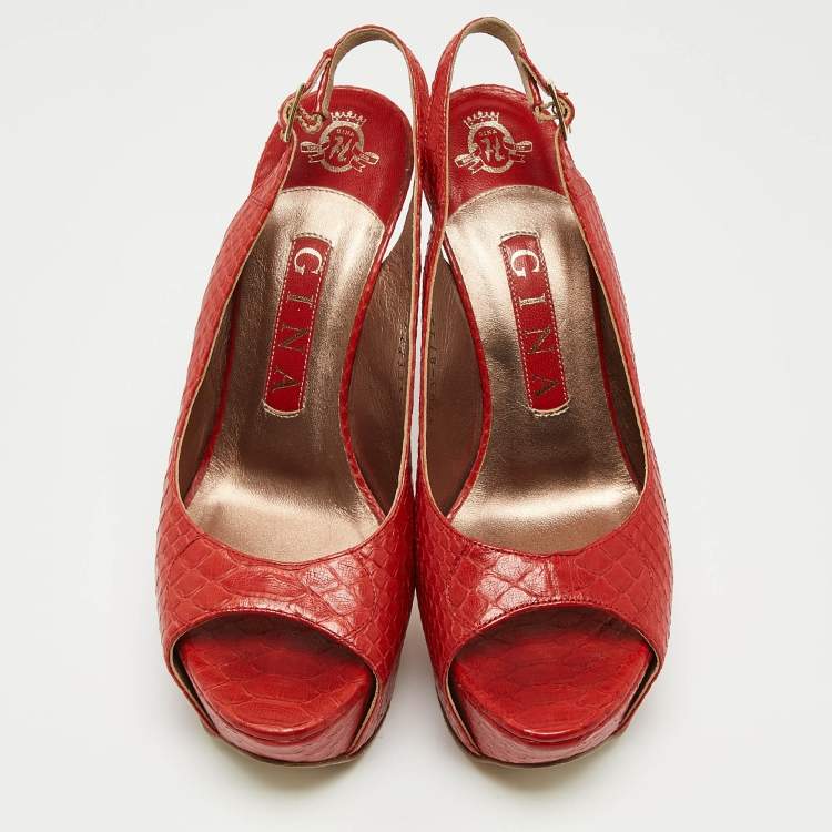 Pre Owned Gina Red Python Open Toe Platform Slingback Pumps Size 37