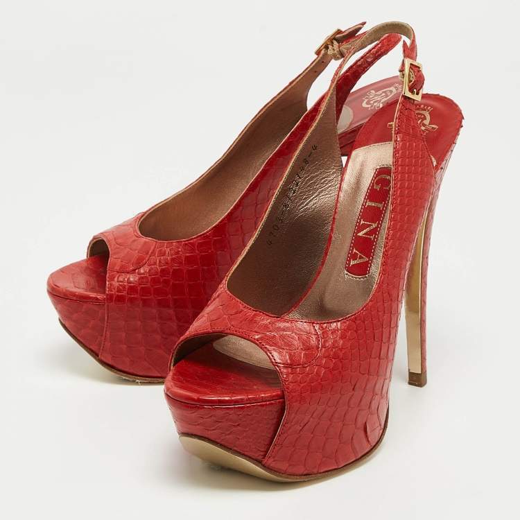 Pre Owned Gina Red Python Open Toe Platform Slingback Pumps Size 37