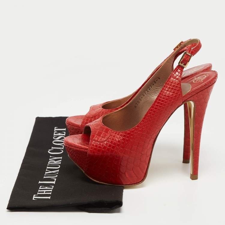 Pre Owned Gina Red Python Open Toe Platform Slingback Pumps Size 37