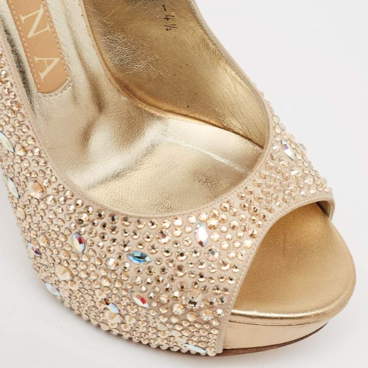 Pre Owned Gina Gold Crystal Embellished Satin Platform Peep Toe Slingback Sandals Size 37.5