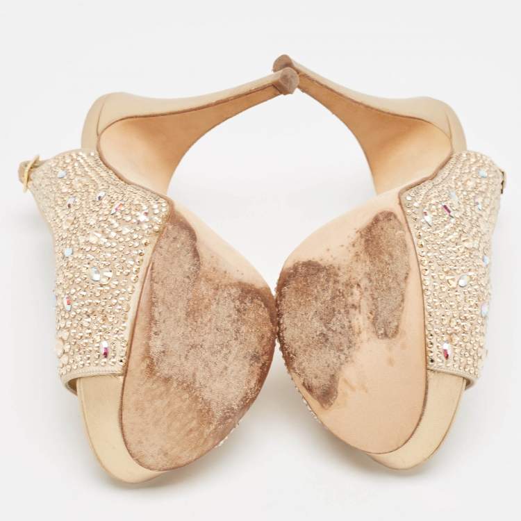 Pre Owned Gina Gold Crystal Embellished Satin Platform Peep Toe Slingback Sandals Size 37.5
