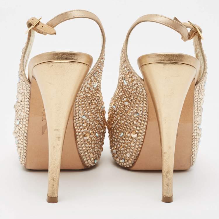 Pre Owned Gina Gold Crystal Embellished Satin Platform Peep Toe Slingback Sandals Size 37.5