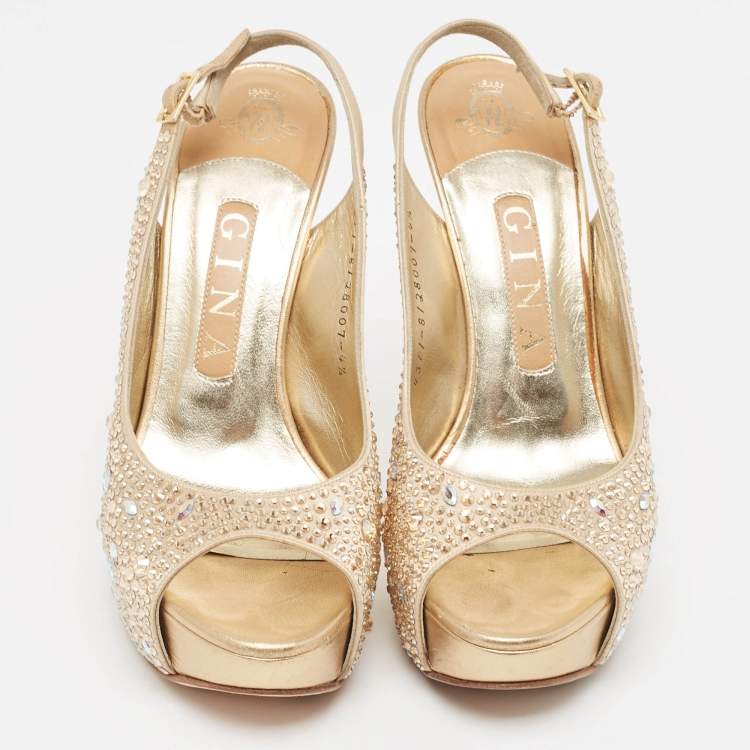Pre Owned Gina Gold Crystal Embellished Satin Platform Peep Toe Slingback Sandals Size 37.5