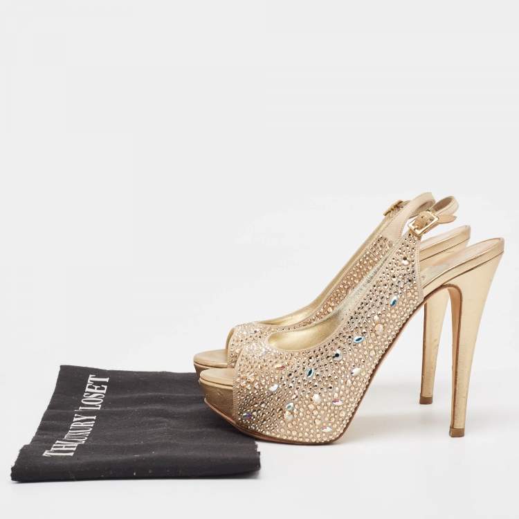 Pre Owned Gina Gold Crystal Embellished Satin Platform Peep Toe Slingback Sandals Size 37.5