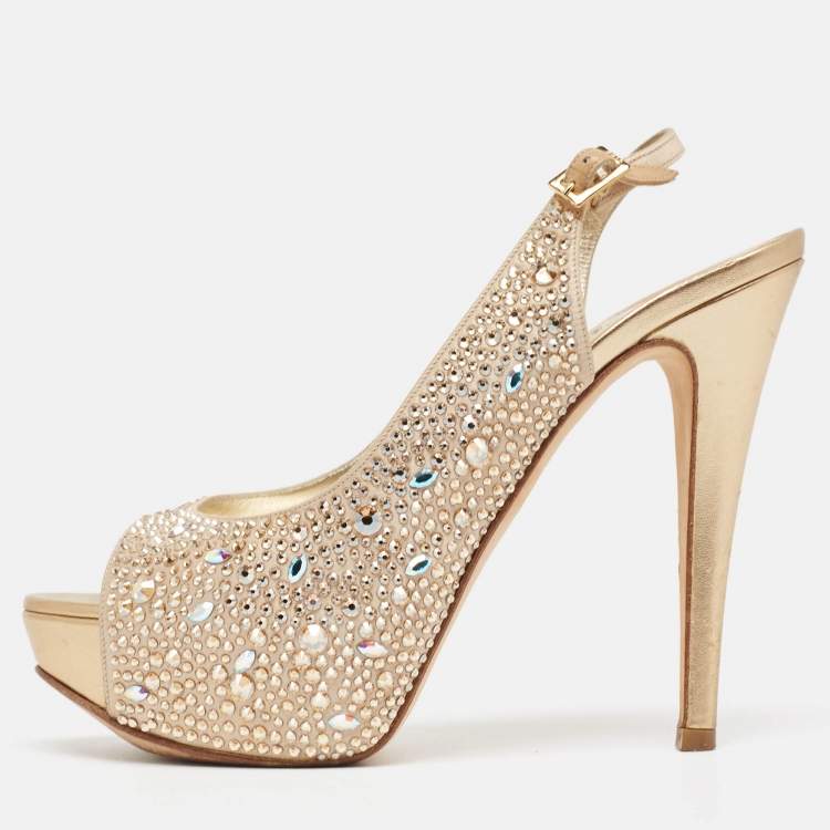 Pre Owned Gina Gold Crystal Embellished Satin Platform Peep Toe Slingback Sandals Size 37.5