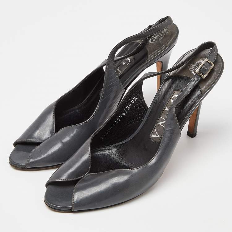 Pre Owned Gina Grey Leather Open Toe Slingback Sandals Size 37.5